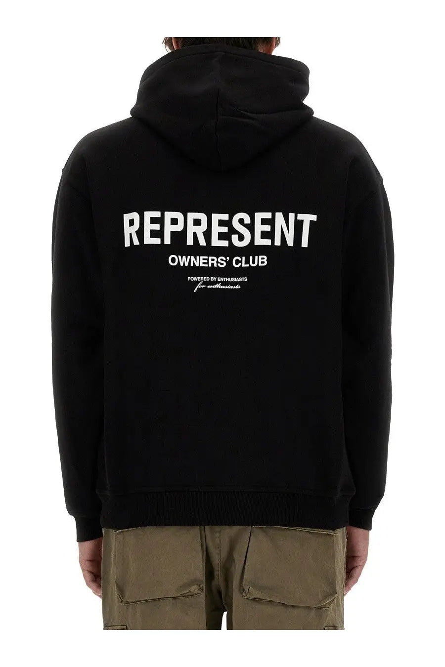 Represent men’s black hoodie made of cotton with bold white represent owners club lettering on the back