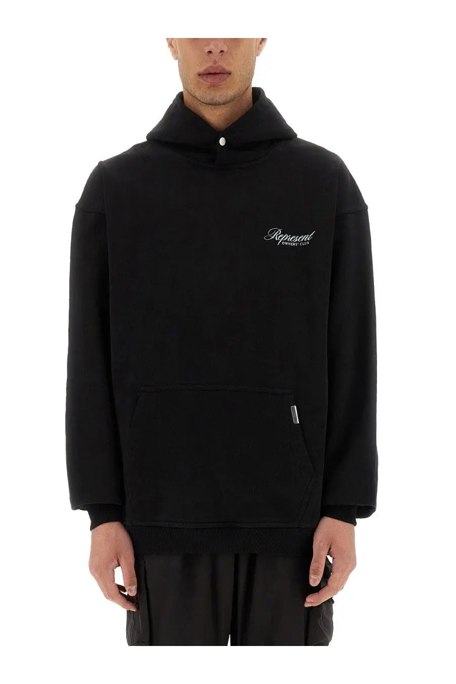 Black represent men’s hoodie with white embroidered logo on chest and small silver tag near front pocket
