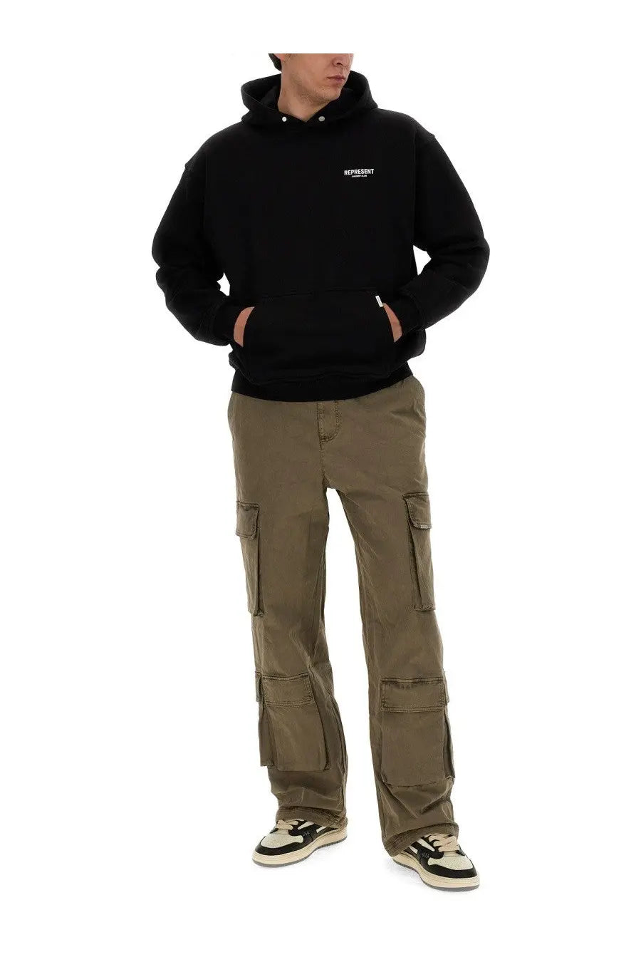 Represent men’s hoodie black featuring a black hooded sweatshirt with a white logo on the chest