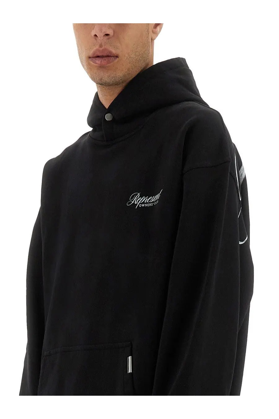 Represent men’s black hoodie featuring a white embroidered logo and detailed sleeve design on soft fabric