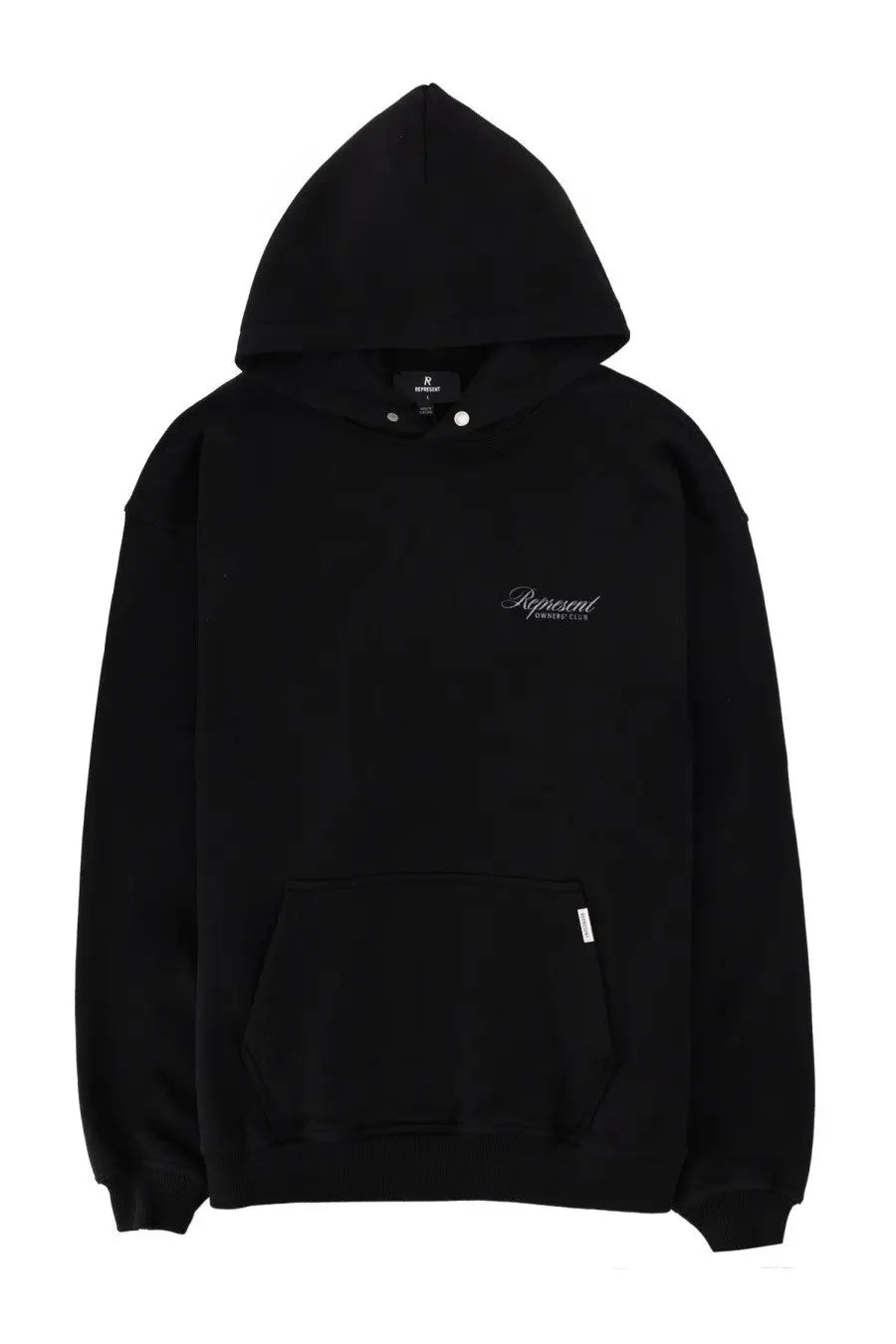 Represent men’s black hoodie with subtle white embroidered logo and silver-toned snap buttons at the hood