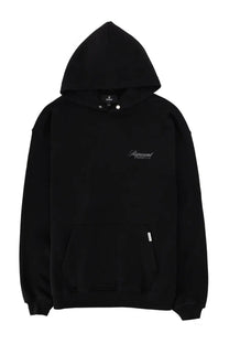 Represent men’s black hoodie with subtle white embroidered logo and silver-toned snap buttons at the hood