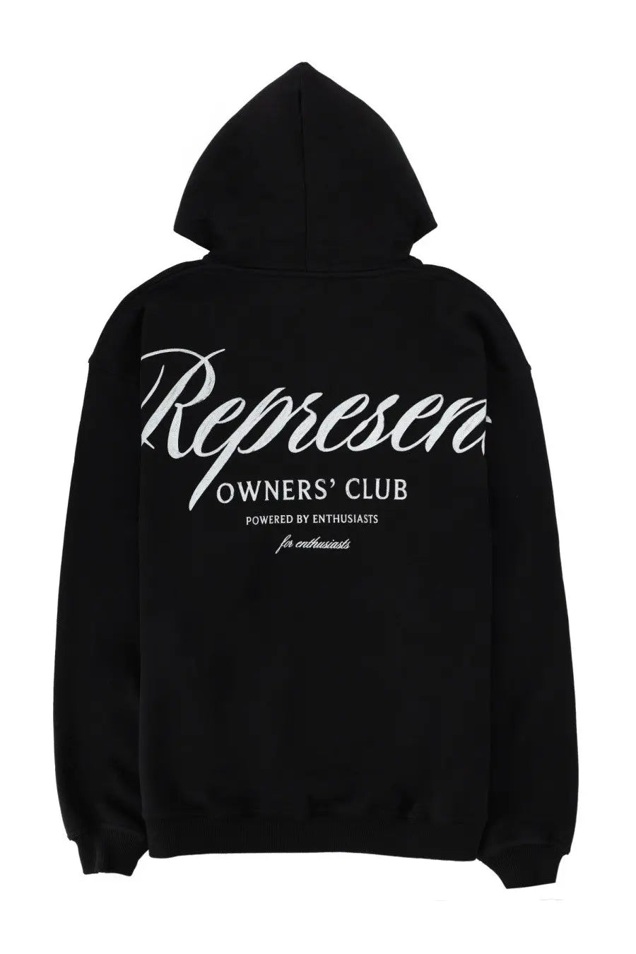 Black represent men’s hoodie showing the back with white cursive text represent and owners club on cotton fabric