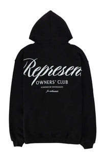 Black represent men’s hoodie showing the back with white cursive text represent and owners club on cotton fabric