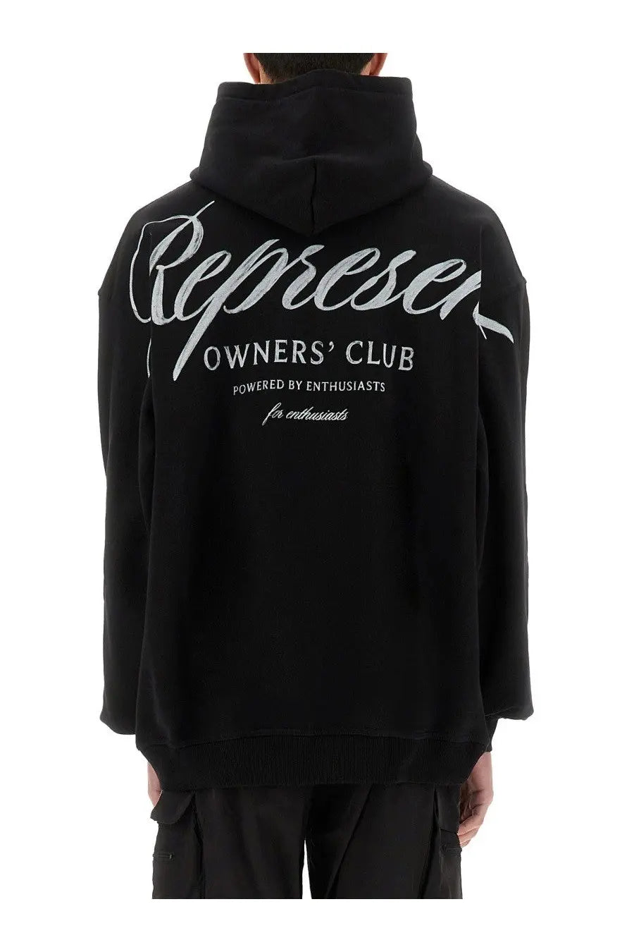 Represent men’s black hoodie with white cursive represen and owners club text on the back side