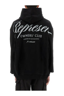 Represent men’s black hoodie with white cursive represen and owners club text on the back side