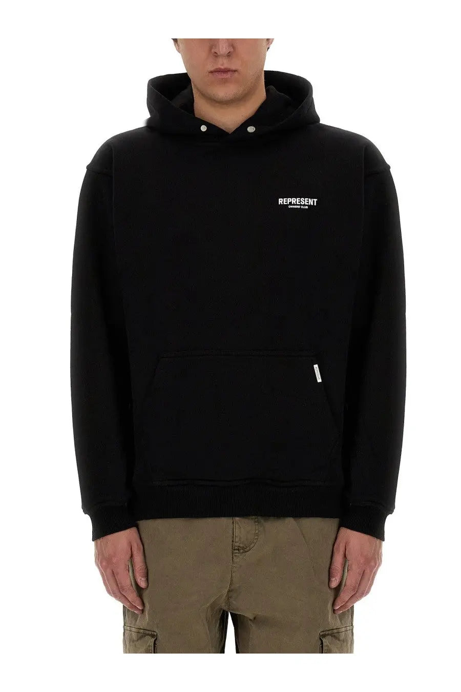 Represent men’s black hoodie with white logo and buttoned hood made from soft comfortable fabric