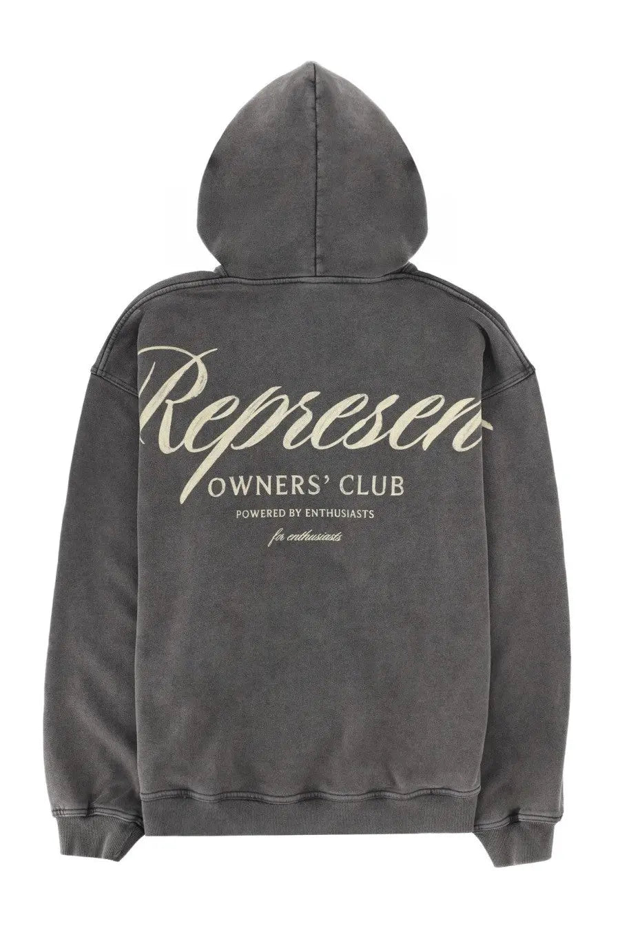 Dark gray distressed represent men’s hoodie showing cream colored cursive and block lettering on the back