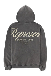 Dark gray distressed represent men’s hoodie showing cream colored cursive and block lettering on the back