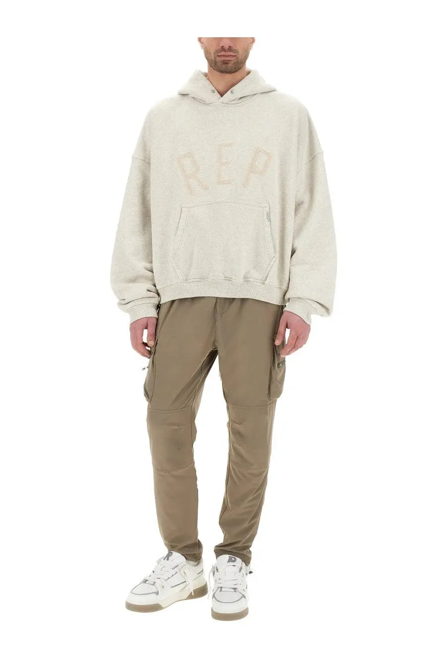 Represent men’s cream-colored oversized hoodie with faded rep logo across the chest in soft cotton material