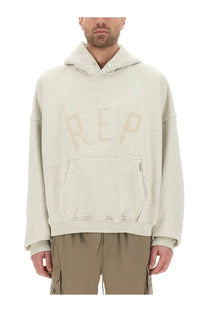 Represent men’s hoodie white oversized light beige textured fabric with embroidered rep lettering on the chest