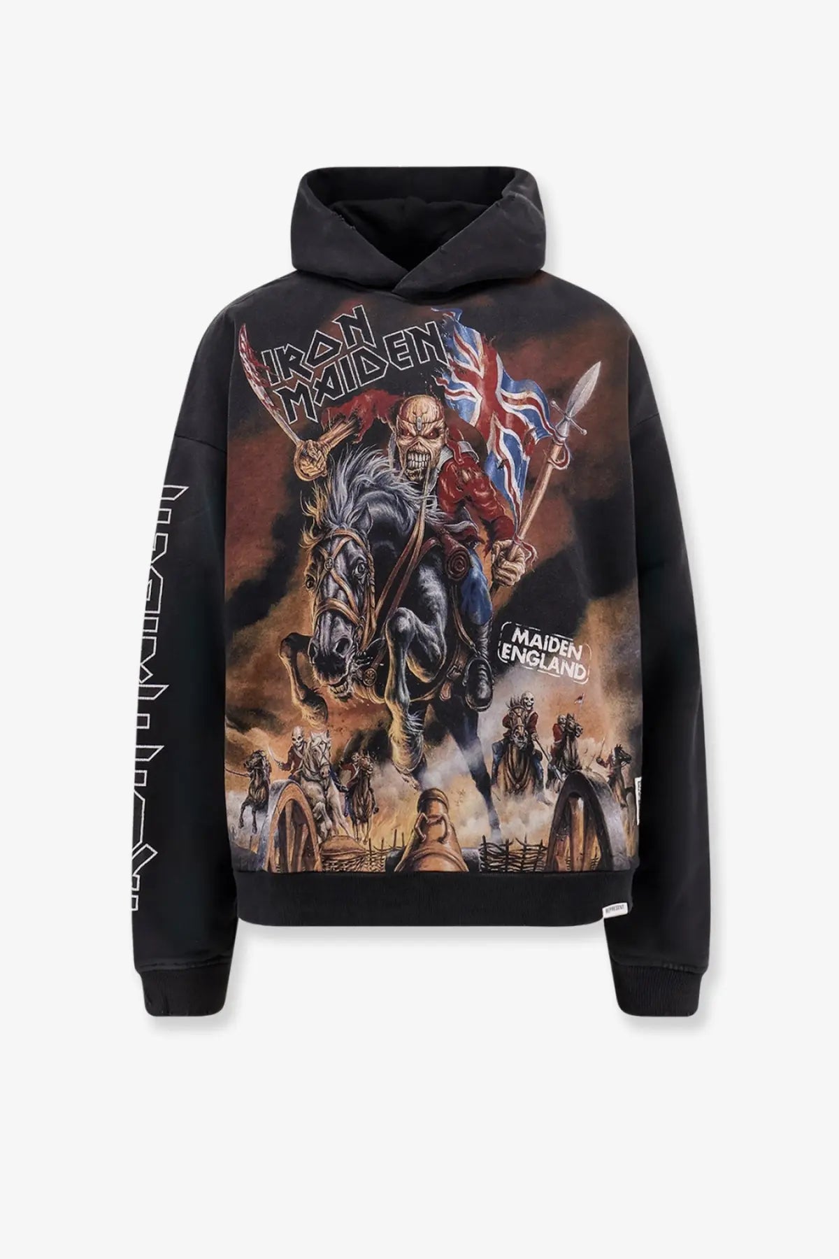 Black cotton hooded sweatshirt featuring iron maiden maiden england album artwork with skeleton rider and union jack flag