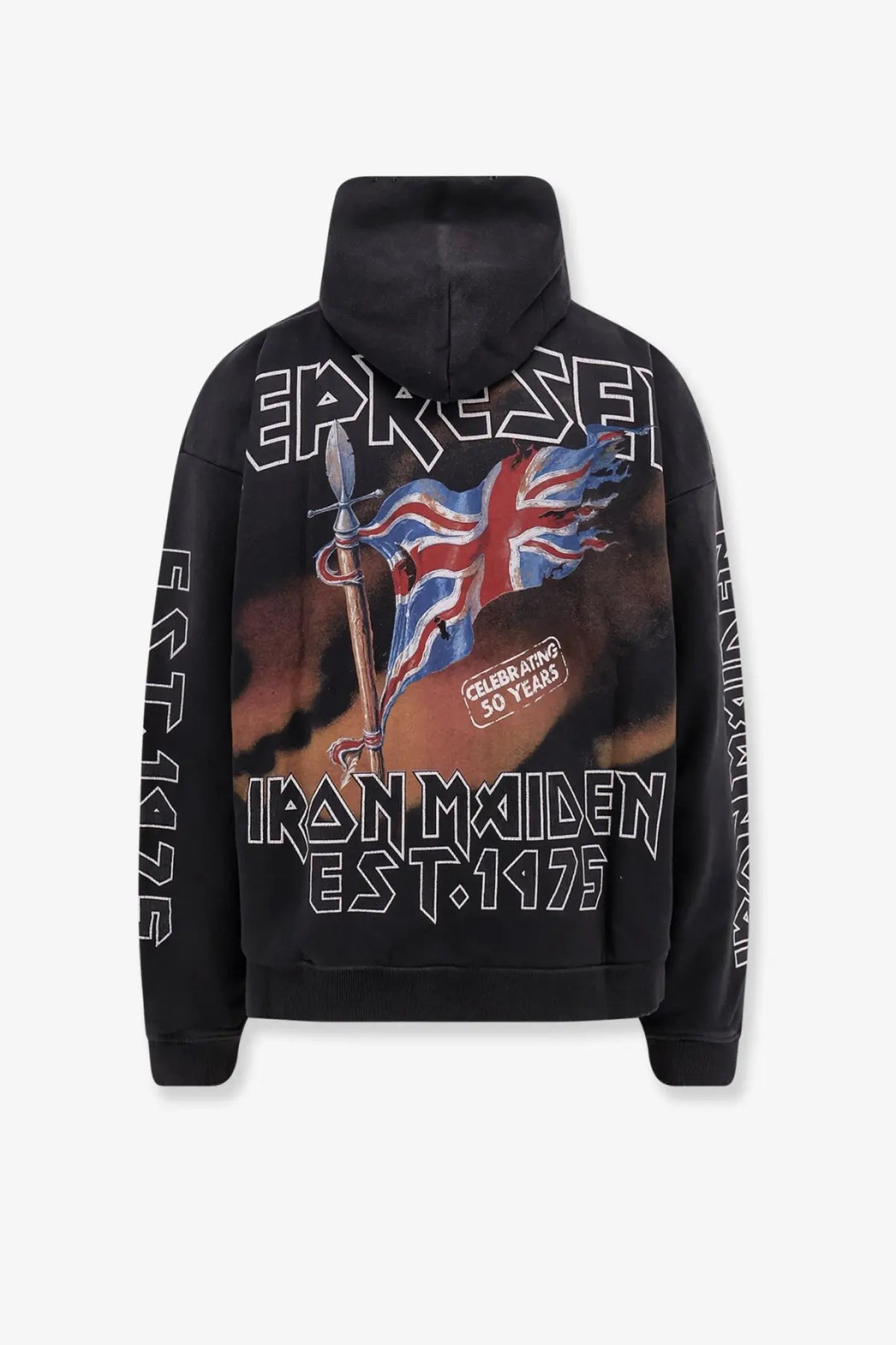 Black cotton iron maiden hoodie with union jack 50 years graphic celebrating band logo on front