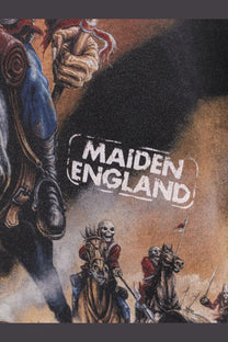 Black cotton sweatshirt featuring detailed skeletal riders in medieval armor and white maiden england text on chest
