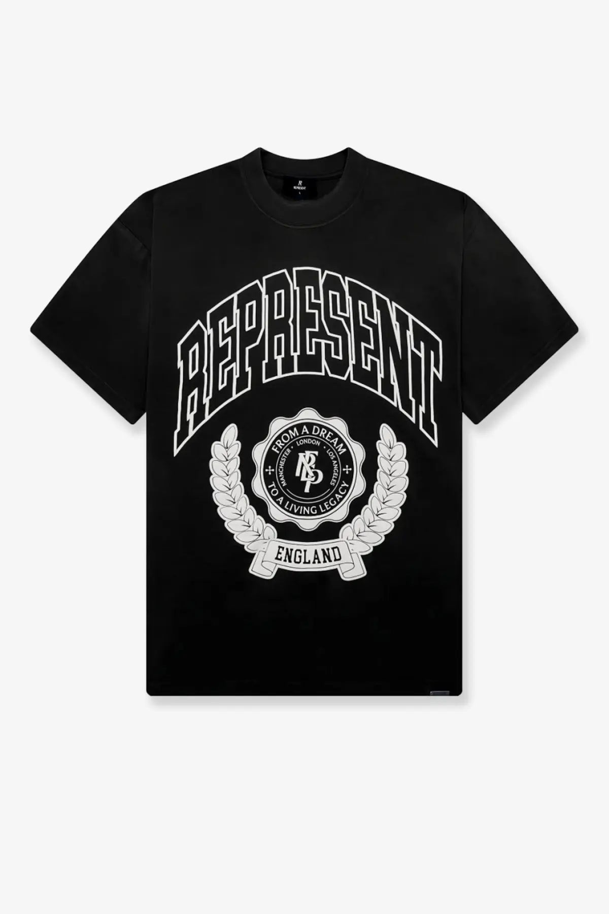 Black represent men’s legacy crest cotton t-shirt featuring a bold white graphic with emblem and laurel wreath design