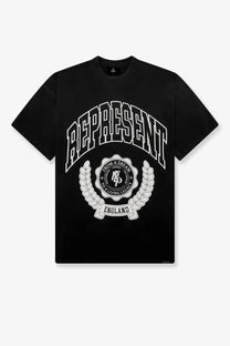 Black represent men’s legacy crest cotton t-shirt featuring a bold white graphic with emblem and laurel wreath design