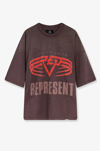 Represent men’s living legacy brown oversized organic cotton and hemp t shirt with bold red legacy tour graphic and wings
