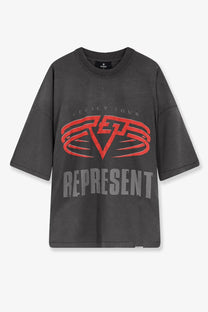 Dark gray oversized men’s t shirt with bold red and gray legacy tour graphic made of organic cotton and hemp
