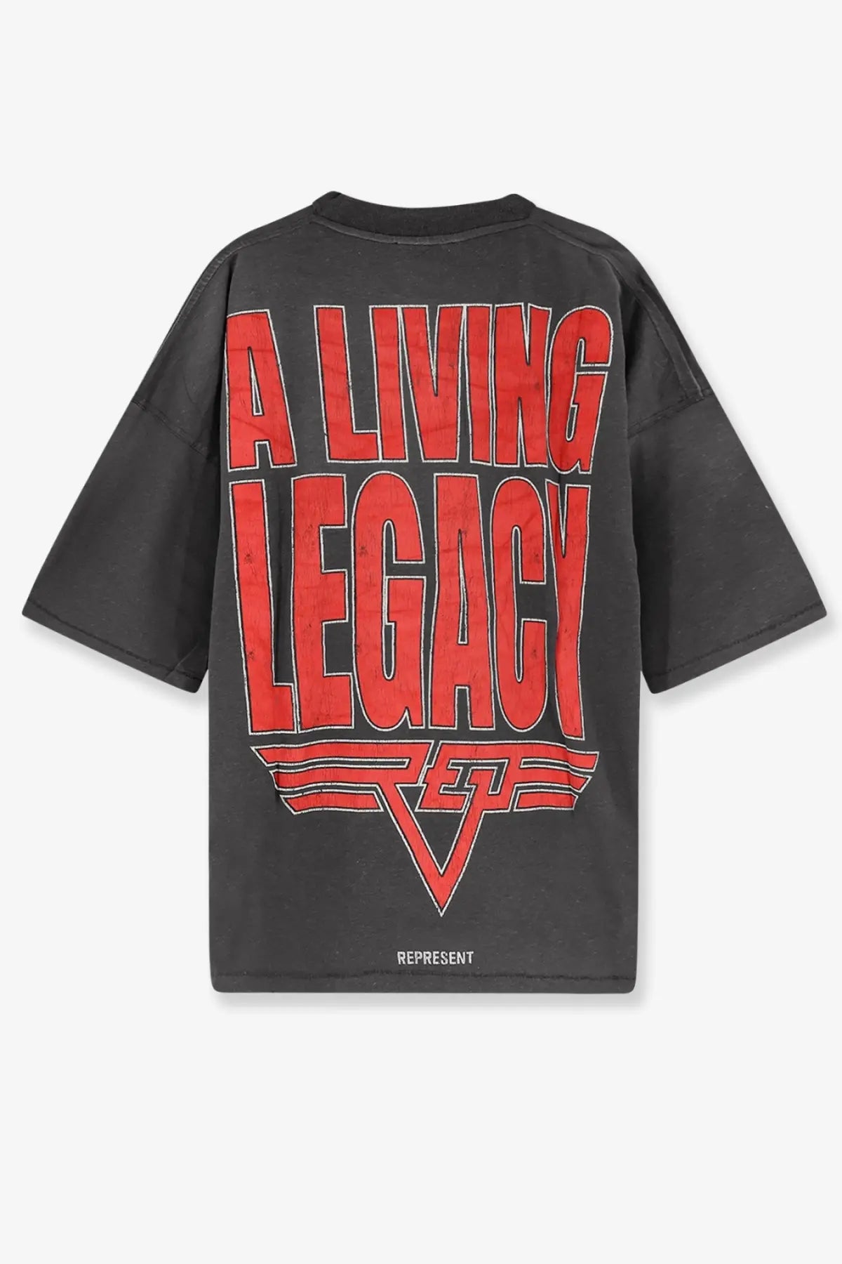 Black oversized men’s t-shirt with bold red living legacy graphic and represent logo made from organic cotton and hemp