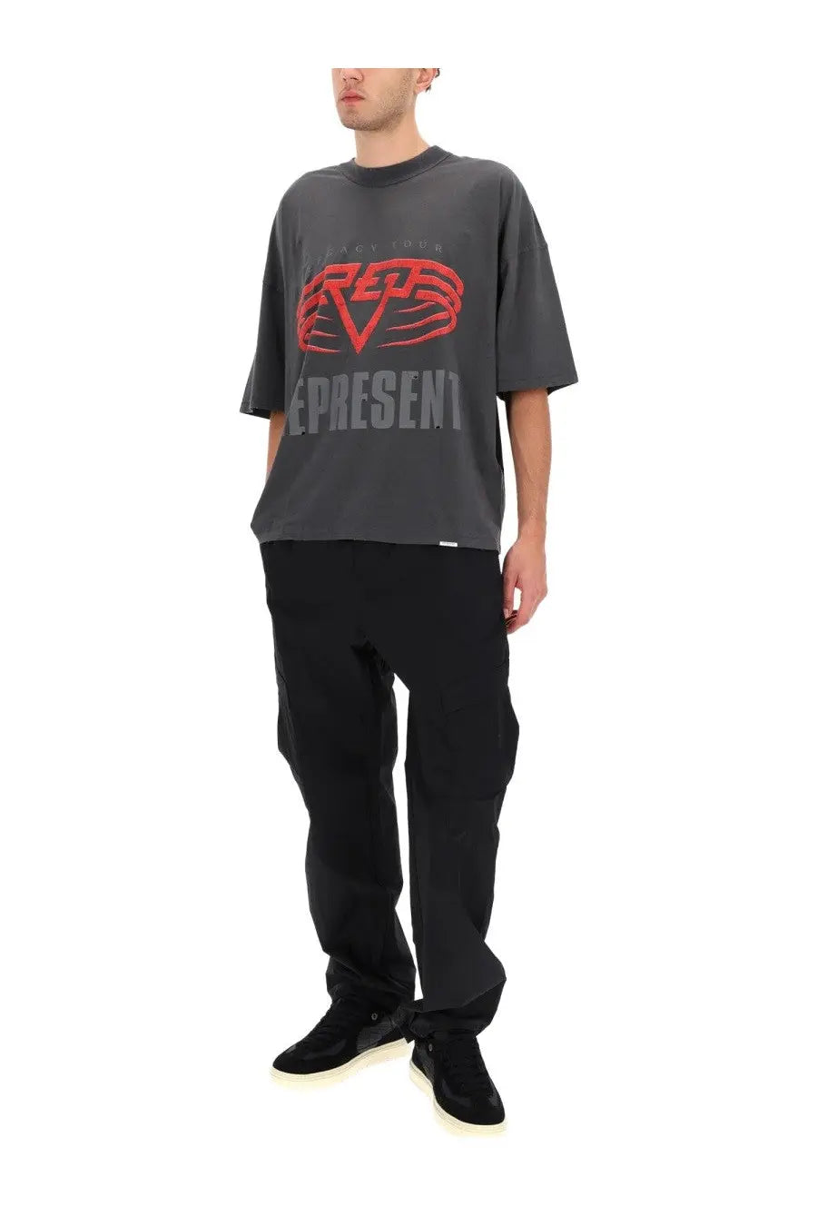 Dark gray oversized men’s t shirt with bold red and faded black represent graphic on chest living legacy shirt gray