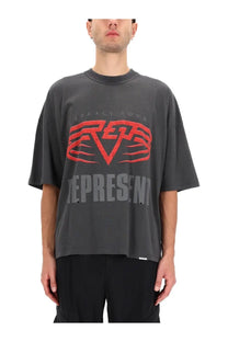 Dark gray oversized men’s t-shirt in cotton featuring bold red faded gray legacy tour graphic and represent logo