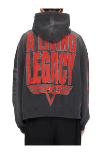 Dark gray cotton hoodie with bold red living legacy graphic and winged logo on the back by represent men’s sweatshirt