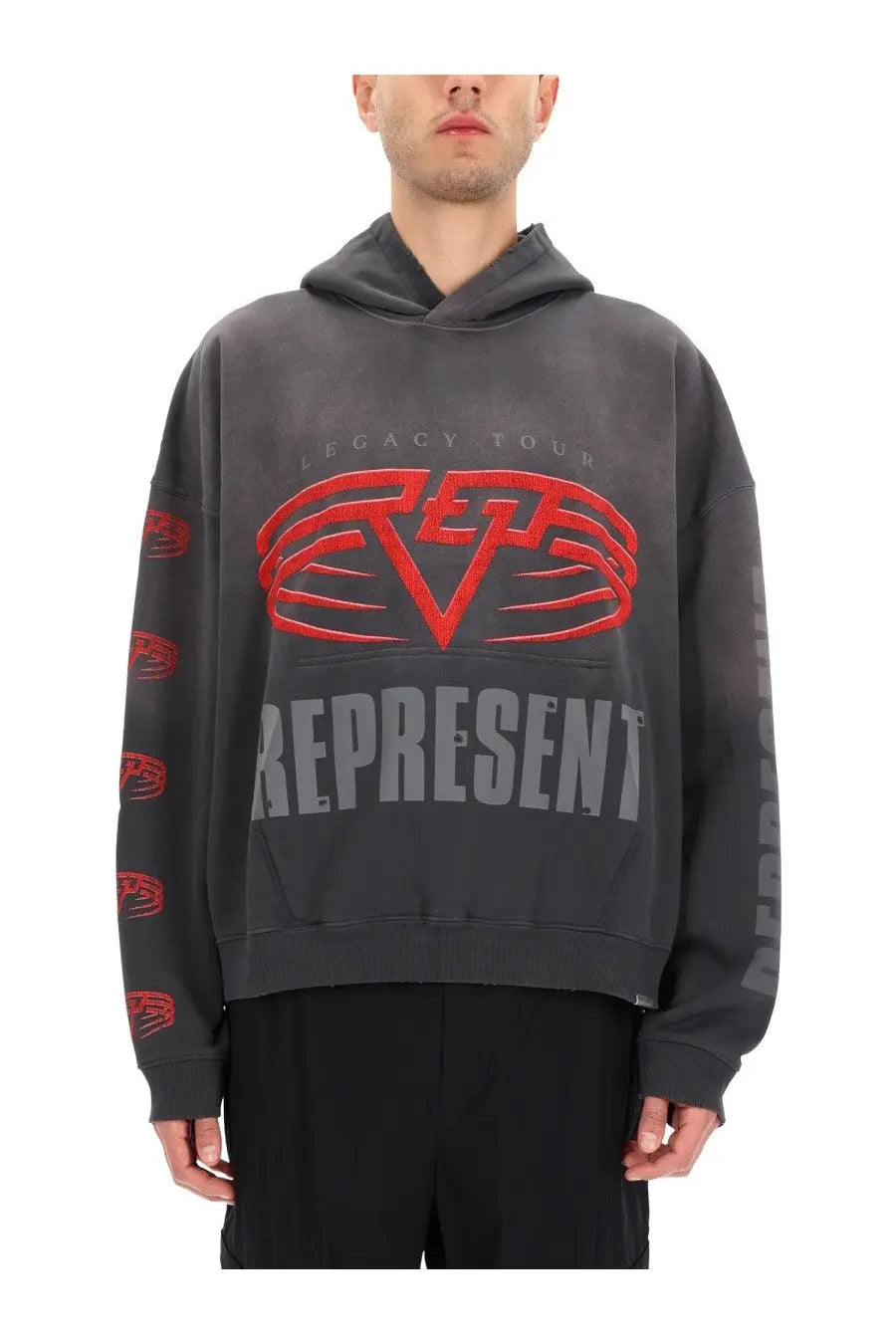Represent men’s living legacy sweatshirt grey oversized dark gray hoodie with bold red and gray graphic print