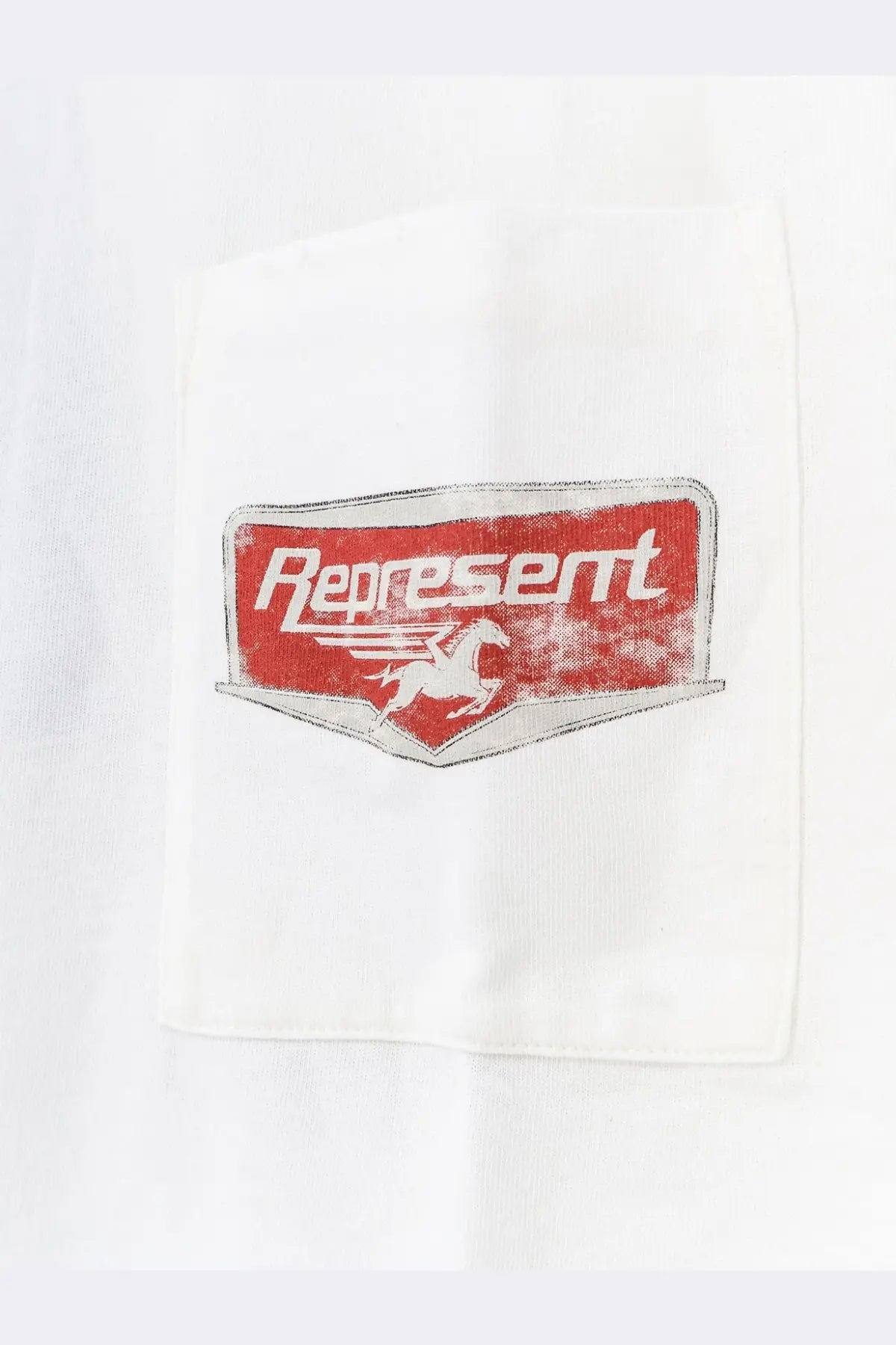 White cotton shirt for men by represent featuring red and silver horse logo on fabric named nothing faster