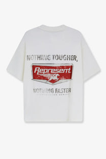 White oversized cotton t shirt with distressed red and silver represent logo and horse graphic framed by nothing tougher text