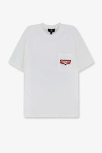 Represent men’s nothing faster cotton shirt white featuring a white cotton t-shirt with red and white embroidered patch