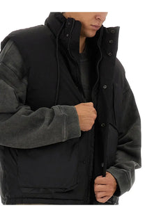 Represent men’s padded vest black with charcoal gray puffer design hood buttoned front and ribbed cuffs