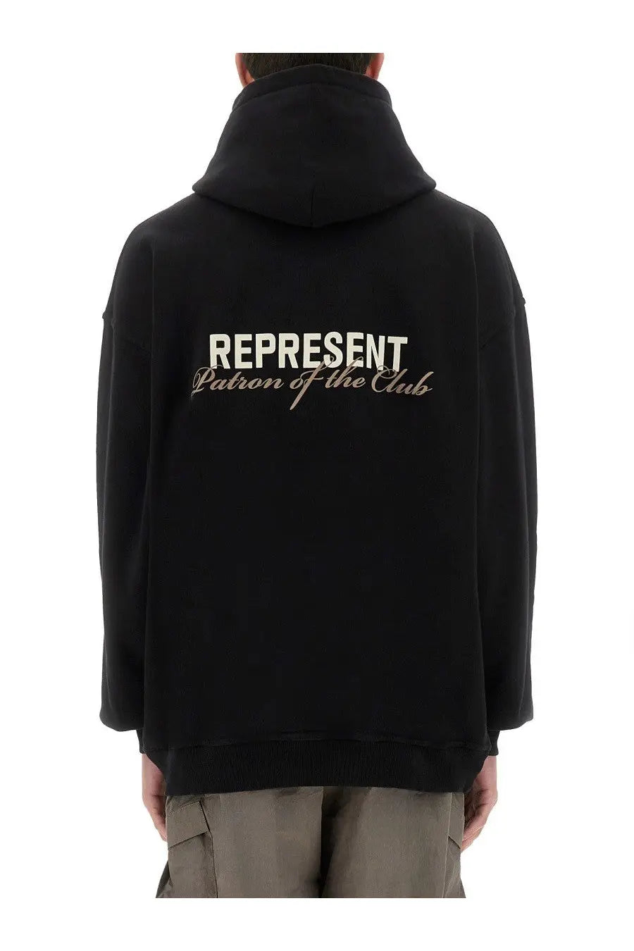 Represent men’s patron of the club black oversized hoodie with bold white letters, relaxed fit, and ribbed cuffs