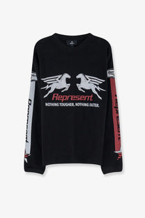Represent men’s pegasus cotton shirt black long-sleeved crewneck tee with white and red winged horses graphic print