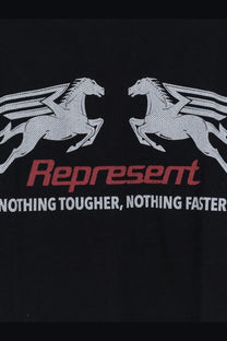 Represent men’s black cotton t-shirt with bold silver winged horses graphic and red represent text with tagline below