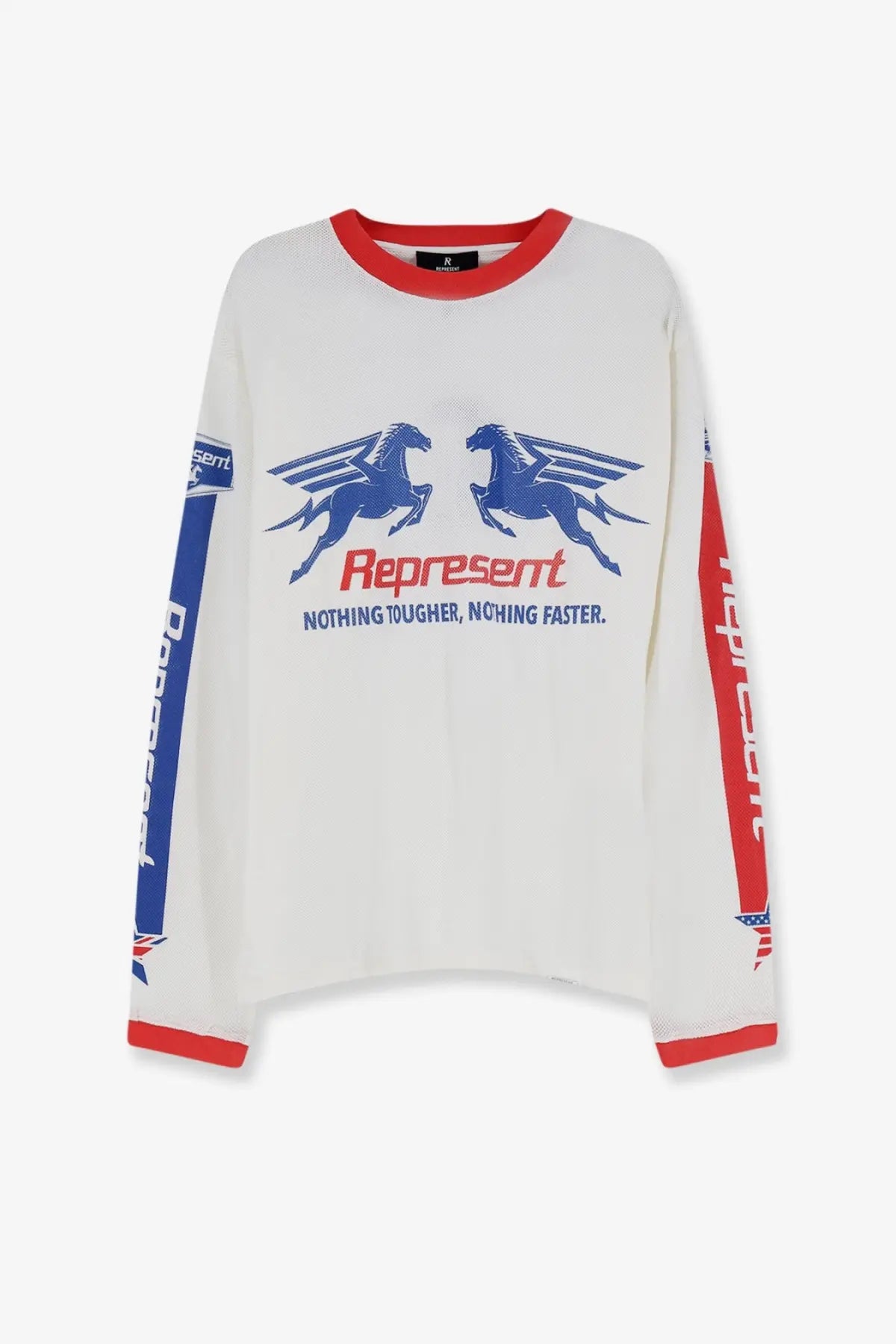 Represent men’s white cotton long sleeve t-shirt with red and blue winged horses graphic and vertical sleeve branding