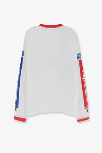 Represent men’s Pegasus cotton shirt white with red and blue vertical stripes and nprcort branding on long sleeves