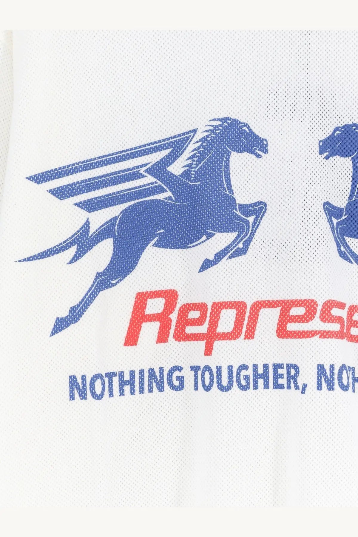 Represent men’s white cotton polo shirt with bold blue winged horse graphic and red represent text and slogan below