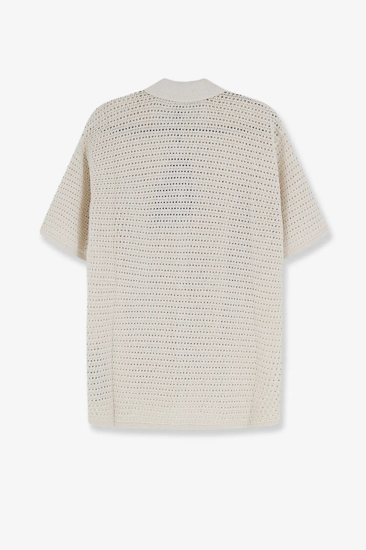 Cream-colored short-sleeved knit cardigan with textured openwork pattern paired with Represent mens polo shirt white