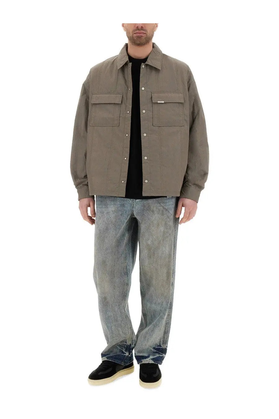Olive green quilted utility jacket by represent with two chest pockets and button closures for men