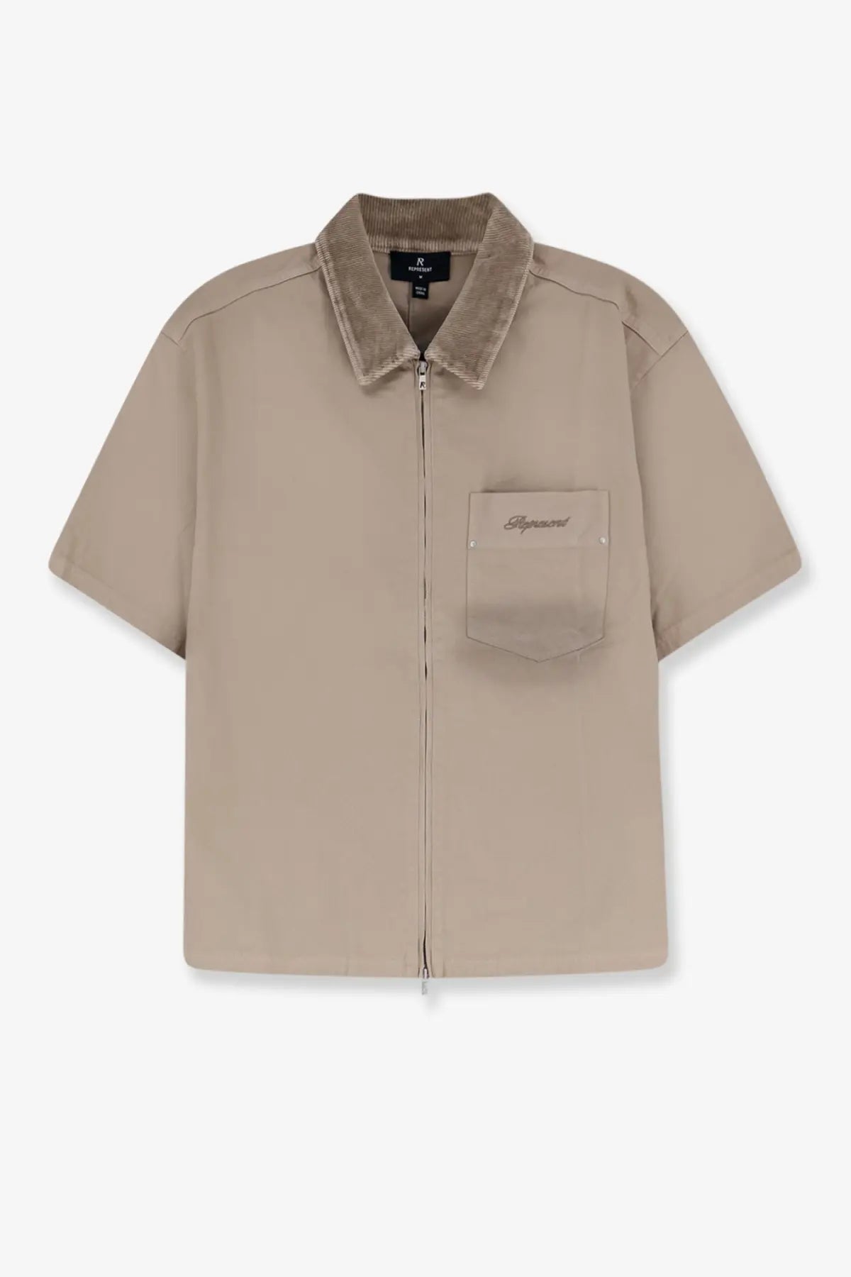 Beige short-sleeved zip-front cotton shirt with corduroy collar and chest pocket logo by Represent Men