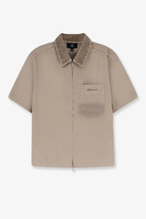 Represent men’s ramona cotton shirt in beige with short sleeves, zip front, corduroy collar, and chest pocket logo