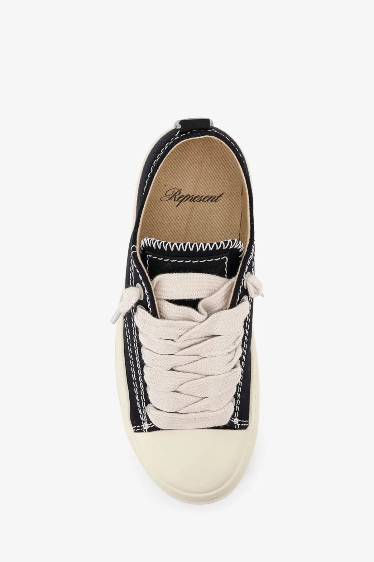 Represent men’s rep cap canvas sneakers black low-top with cream laces matching rubber sole and white stitching details