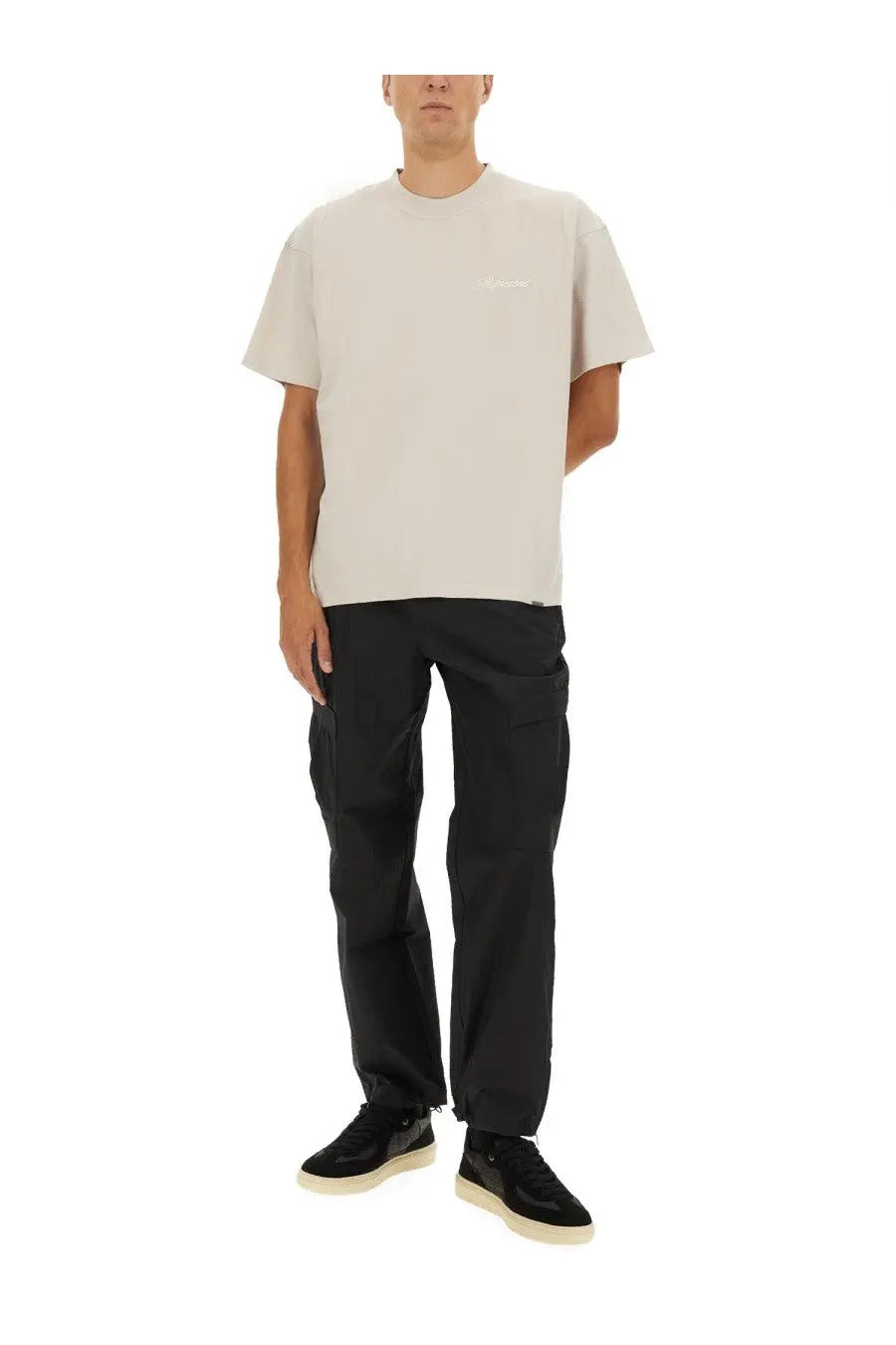 Represent men’s script beige short-sleeved crew neck t-shirt with subtle embroidered logo on left chest