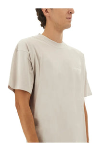 Represent men’s script shirt beige soft off-white cotton t-shirt with subtle embroidered logo on the left chest