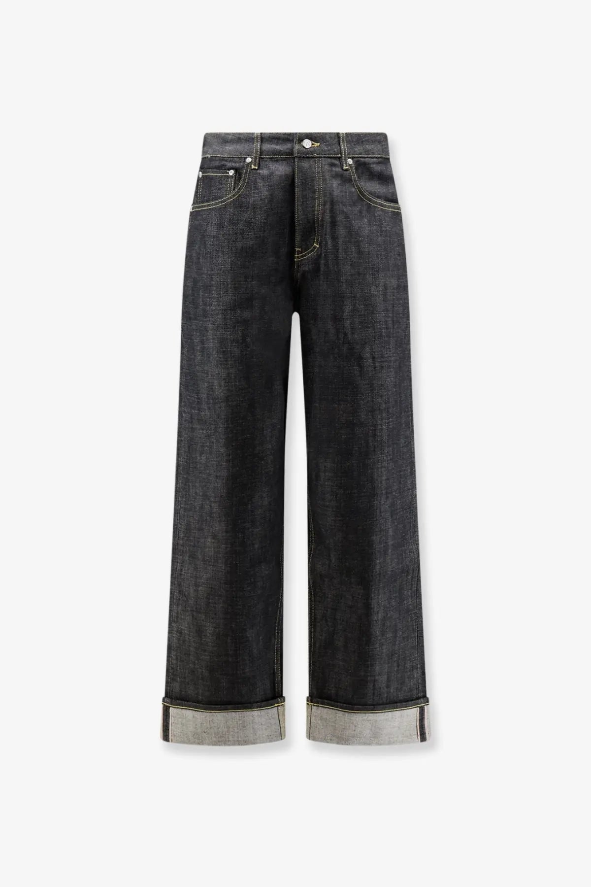 Represent men’s selvedge denim shirt black paired with dark-wash straight-leg jeans with rolled cuffs showing lighter fabric