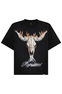 Represent men’s black cotton short-sleeved t-shirt with a skull graphic featuring flaming horns and represent lettering