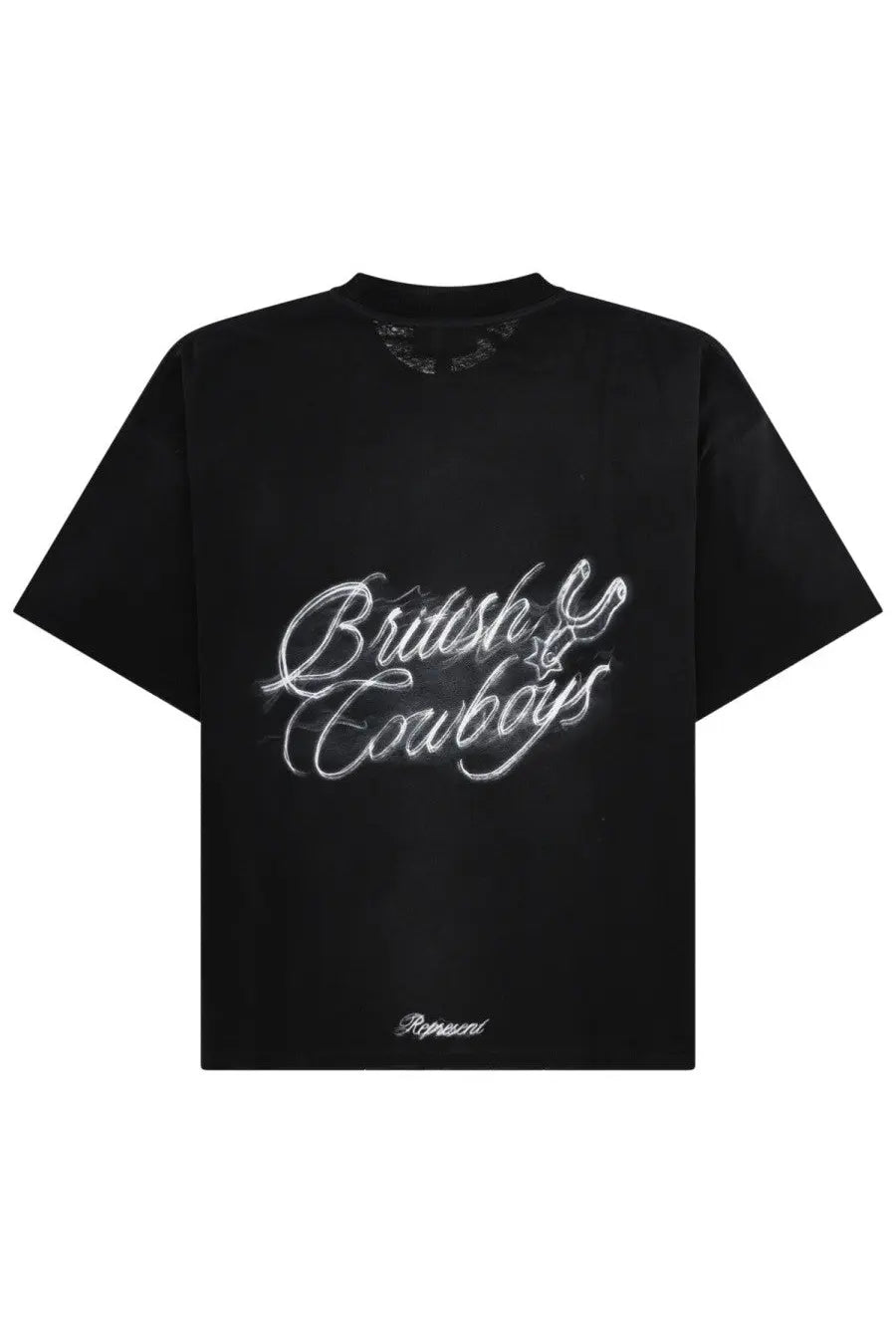 Represent men’s black short-sleeved t-shirt with silver british and cowboys graphic and embroidered brand logo hem