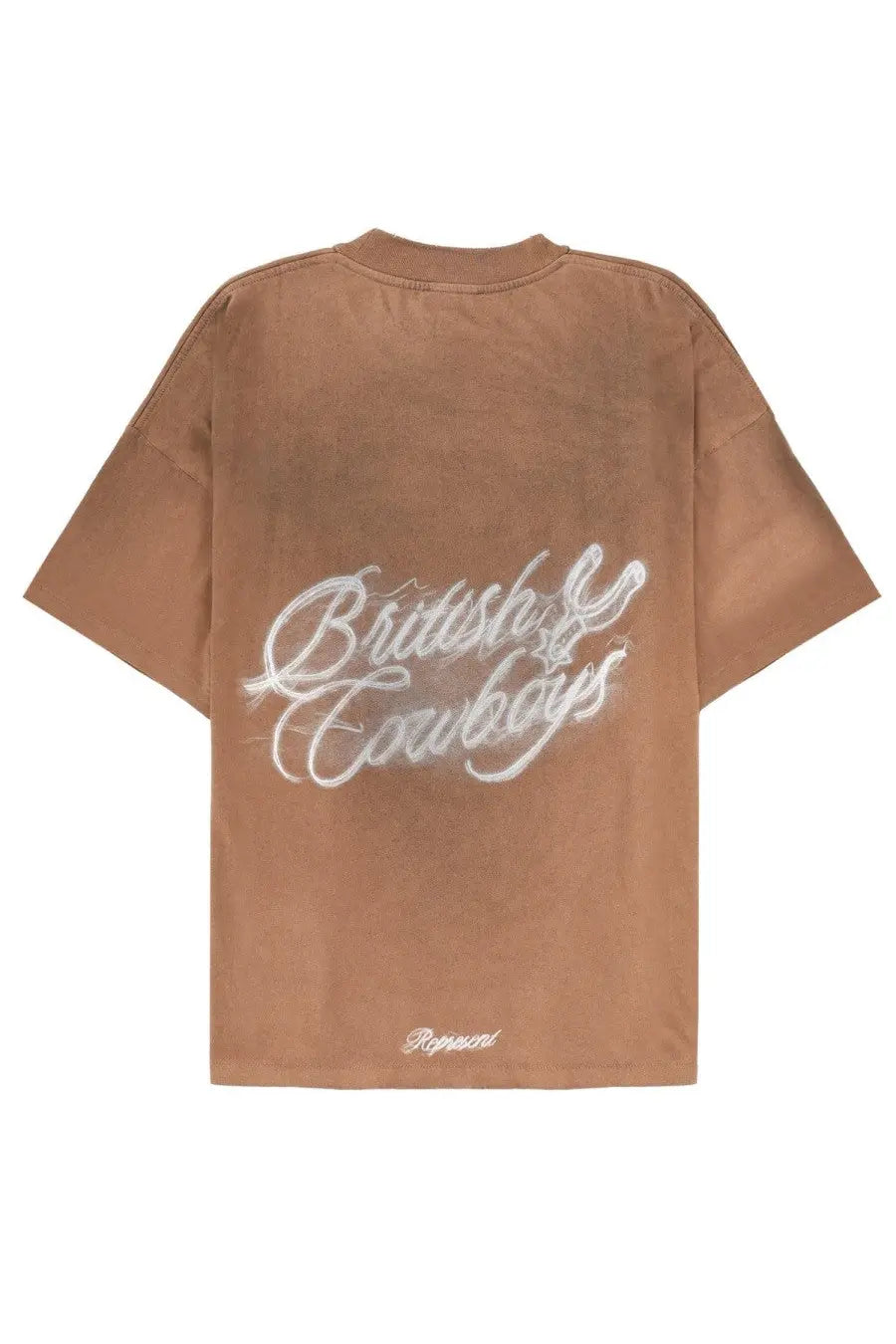 Back of represent mens tan oversized t shirt with white embroidered british cowboys script and repecci logo