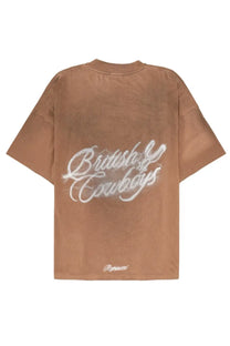 Back of represent mens tan oversized t shirt with white embroidered british cowboys script and repecci logo