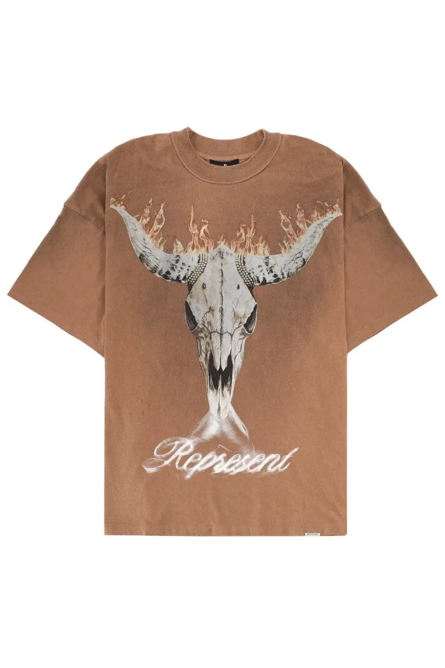 Tan short-sleeved cotton t-shirt featuring a bull skull graphic with flames and represent text for men by British Cowboys